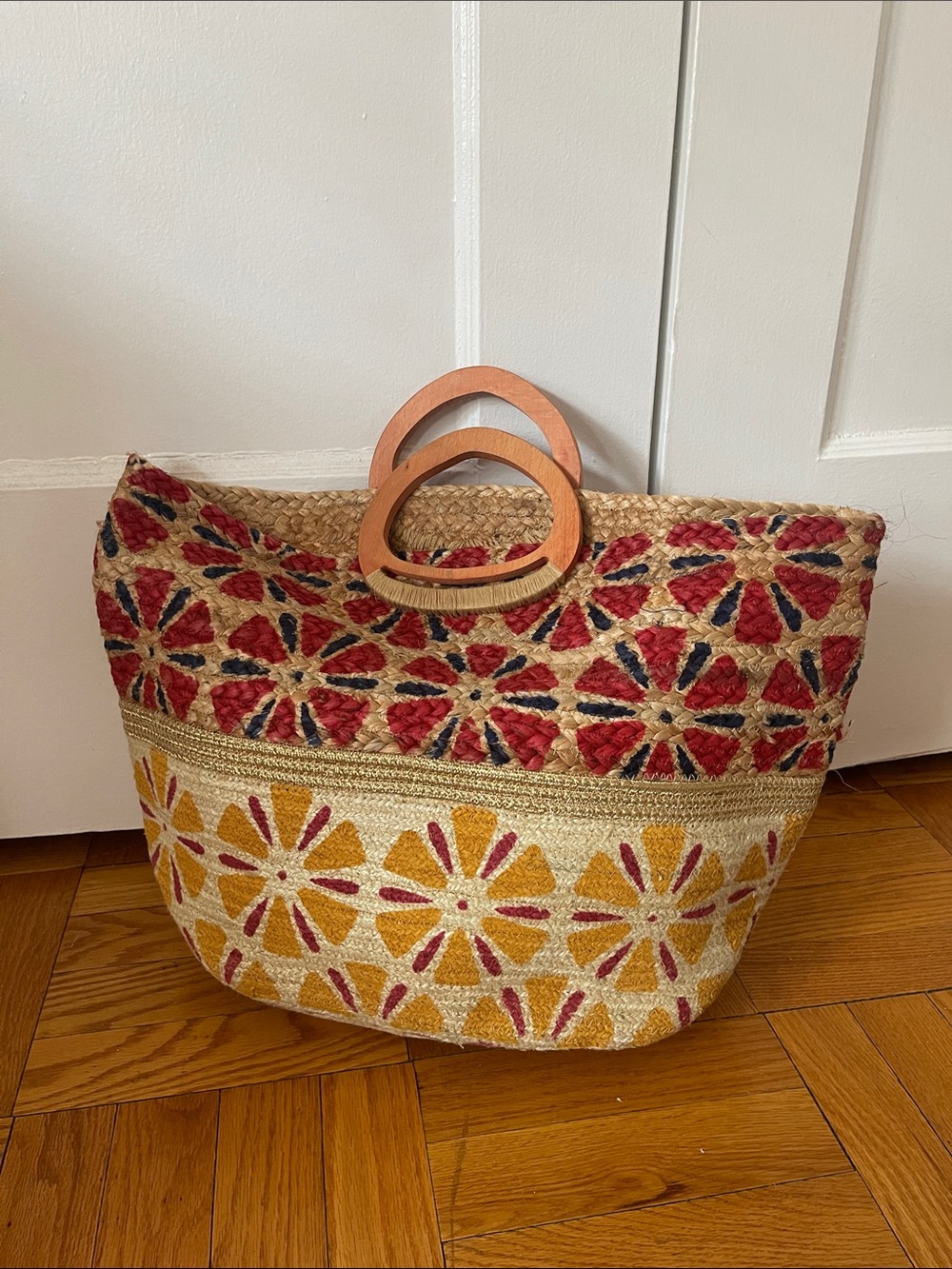 Antik Kraft Handwoven Floral Straw Raffia Jute Tote in Red, Mustard & Navy - Picture 4 of 11